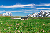 Isolated house and green meadows at Campo Imperatore plateau with Gran Sasso peak on the background during spring, Gran Sasso and Monti della Laga national park, L’Aquila province, Abruzzo, Italy