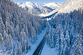 Car traveling on icy road framed by fir trees forest covered with snow in winter, aerial view, Switzerland
