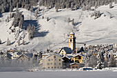 Protestant baroque church Bel Taimpel after a snowfall in winter, Celerina, canton of Graubunden, Engadin, Switzerland