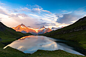 Alpine Bachalpsee lake and meadows lit by sunset, Grindelwald, Bernese Oberland, Bern Canton, Switzerland