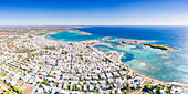 Aerial panoramic of Porto Cesareo tourist resort by Ionian Sea in summer, Lecce province, Salento, Apulia, Italy