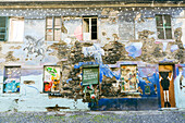 Frescoes paintings decorating the old facade of house, Rua de Santa Maria, Funchal, Madeira island, Portugal