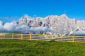 Popera-Gruppe, Cima Undici und Sextner Rotwand von den grünen Wiesen der Malga Nemes, Sextner Dolomiten, Südtirol, Italien