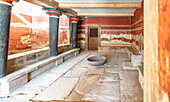 Colonnade and frescoes in the old Throne Room, Palace of Knossos, Crete, Greece