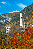 Herbstlaub von bunten Bäumen, die den alten Glockenturm von Soglio einrahmen, Val Bregaglia, Kanton Graubünden, Schweiz