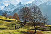 Two people on mountain bikes in the autumn landscape of Val Bondasca at feet og Sciore mountains, Graubunden, Switzerland