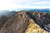 Summit cross on top of Catinaccio d'Antermoia at sunset, aerial view, Dolomites, South Tyrol, Italy