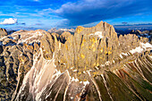 Aerial view of Cima Catinaccio Rosengarten, Torri Del Vajolet mountain peaks, Dolomites, South Tyrol, Italy