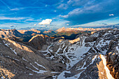 Aerial view of Catinaccio Rosengarten group, Lake Antermoia and Croda Del Lago, Dolomites, South Tyrol, Italy