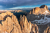 Torri Del Vajolet and Cima Catinaccio at sunset, aerial view, Dolomites, South Tyrol, Italy