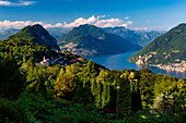 Blick auf den Luganer See vom Parco San Grato, Kanton Tessin, Schweiz, Westeuropa