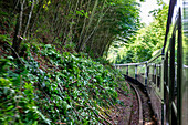 Outisde carriages of Transcantabrico Gran Lujo luxury train travellong across northern Spain, Europe. Journey between Cabezon de la Sal and Llanes.