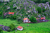 Old farm and houses Covadonga lakes, Picos de Europa, Parque Nacional de los Picos de Europa, Asturias, Cantabria, Spain, Europe. One of the stops of the Transcantabrico Gran Lujo luxury train.