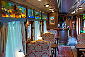 Decoration Inisde of one of the carriages of Transcantabrico Gran Lujo luxury train travellong across northern Spain, Europe.