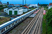 Outside of Transcantabrico Gran Lujo luxury train travellong across northern Spain, Europe. Stoped at Ribadeo station, Galicia, Spain.