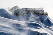 Der Wind bläst über einen Hügel und ein Haus. Ilulissat, Grönland.