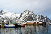 The coastal town of Svolvaer, and nearby mountains. Svolvaer, Lofoten Islands, Nordland, Norway.
