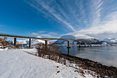 A scenic view of the Gimsoystraumen Bridge over the Gimsoystraumen Strait. Gimsoystraumen Strait, Vagan, Lofoten Islands, Nordland, Norway.