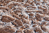 Nahaufnahme von verkrusteter Erde in der Salzpfanne von Badwater Basin. Death-Valley-Nationalpark, Kalifornien, USA.