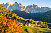 View of Santa Magdalena village with Odle Mountain Group on the background. Funes valley, South Tyrol, Italy.