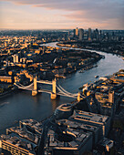 High view of the city of London with Tower bridge and Thames river. London, United Kingdom