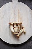 Trumpet mushrooms on a white wooden board