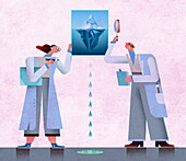 Scientists examining melting iceberg, illustration