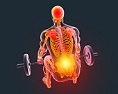 Man with back pain lifting a barbell, illustration