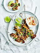 Grilled chicken skewers with kimchi mayo