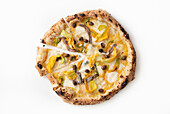 Pizza with yellow cherry tomatoes, olives and zucchini flowers