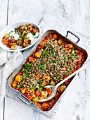 Winter vegetable bake with tahini seed crumble