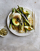 Nori-wrapped asparagus with mash pear and avocado