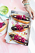 Eggplant hotdog with sauerkraut