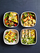 4x Halloumi und Frittata – klassisch, Frittata-Salat, als Stapel mit Pilzen, Finger-Sandwiches