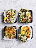 4x spinach lunch - yoghurt flatbreads, tomato bean salad bowl, quesadilla, tomato bean bake