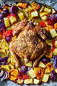 Oven-roasted chicken à pattes bleues with vegetables