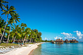 Overwater bungalows of the Luxury Hotel Kia Ora Resort & Spa on Rangiroa, Tuamotu Islands, French Polynesia.