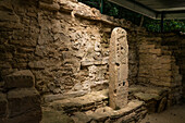 Stele 35 in Gebäude 21 stellt Lady Evenstar, die Mutter von König Bird Jaguar IV, dar. Sie führt eine Aderlasszeremonie durch. Die Ruinen der Maya-Stadt Yaxchilan am Usumacinta-Fluss in Chiapas, Mexiko.