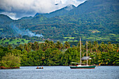 Old sailing boat in front of Tahitian coast. Papeete Tahiti nui French Polynesia France