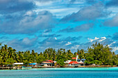 Fakarava coast and Rotoava church, Tuamotus Archipelago French Polynesia, Tuamotu Islands, South Pacific.