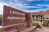 The sign at the east entrance of Capitol Reef National Park in Utah.