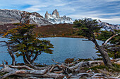 Lago Capri im Los Glaciares National Park in der Nähe von El Chalten, Argentinien. Eine UNESCO-Welterbestätte in der Region Patagonien in Südamerika. Der See ist von einem Lenga-Wald umgeben. Auf der anderen Seite des Sees befinden sich der Berg Fitz Roy und das Fitz-Roy-Massiv.