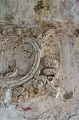 Remnants of elaborate ornamental designs in stucco on the Palace in the ruins of the Mayan city of Palenque, Palenque National Park, Chiapas, Mexico. A UNESCO World Heritage Site.