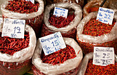 Chilischoten zum Verkauf auf dem Pratu Chiang Mai Markt in Chiang Mai, Thailand.