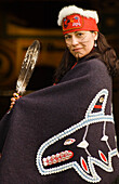 Wilma Leslie, native Alaskan woman of Tlingit and Haida ancestry, wearing traditional Tlingit regalia, at Chief Shakes Island House; Wrangell, Alaska.