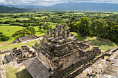 The Acropolis of Tonina is built on seven terraces above the Main Plaza, rising to a height of 243 feet, or 74 meters. The ruins of the Mayan city of Tonina, near Ocosingo, Mexico. View over the Ocosingo Valley.