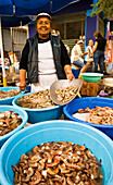 Woman vendor at the shrimp market in old town Mazatlan, Mexico.