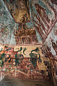 Eine Wandmalerei, die Feste und Rituale in Raum 3 des Tempels der Wandmalereien in den Ruinen der Maya-Stadt Bonampak in Chiapas, Mexiko, zeigt.
