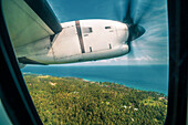 Aeroplane window view of Pulau Weh Island, Aceh Province, Sumatra, Indonesia