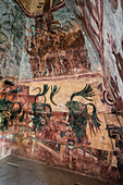 Ein Fresko-Wandgemälde, das Feste und Rituale zeigt, an der Ostwand von Raum 3 des Tempels der Wandmalereien in den Ruinen der Maya-Stadt Bonampak in Chiapas, Mexiko.